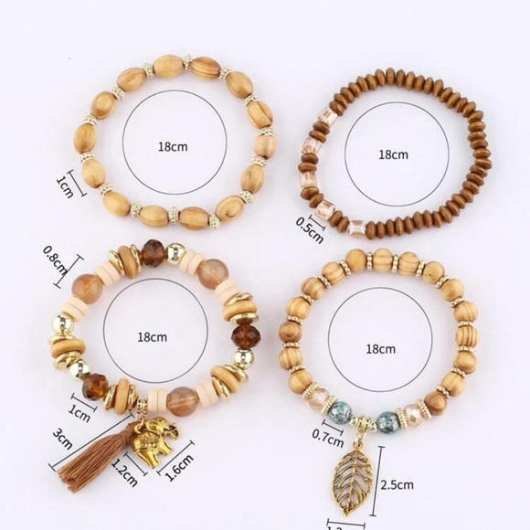 ❀ 2/$20 4PC Gold Elephant Safari Wood Tassel Bohemian Bracelet Bundle - Picture 4 of 4
